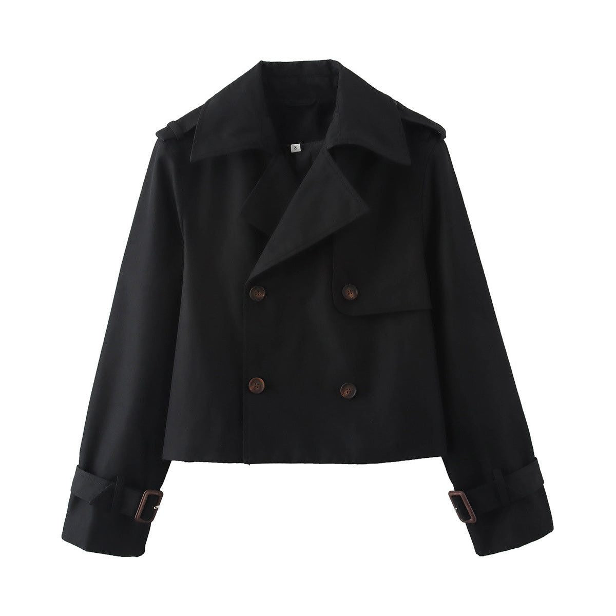 Short Double-Breasted Trench Jacket with Notch Lapels - Black