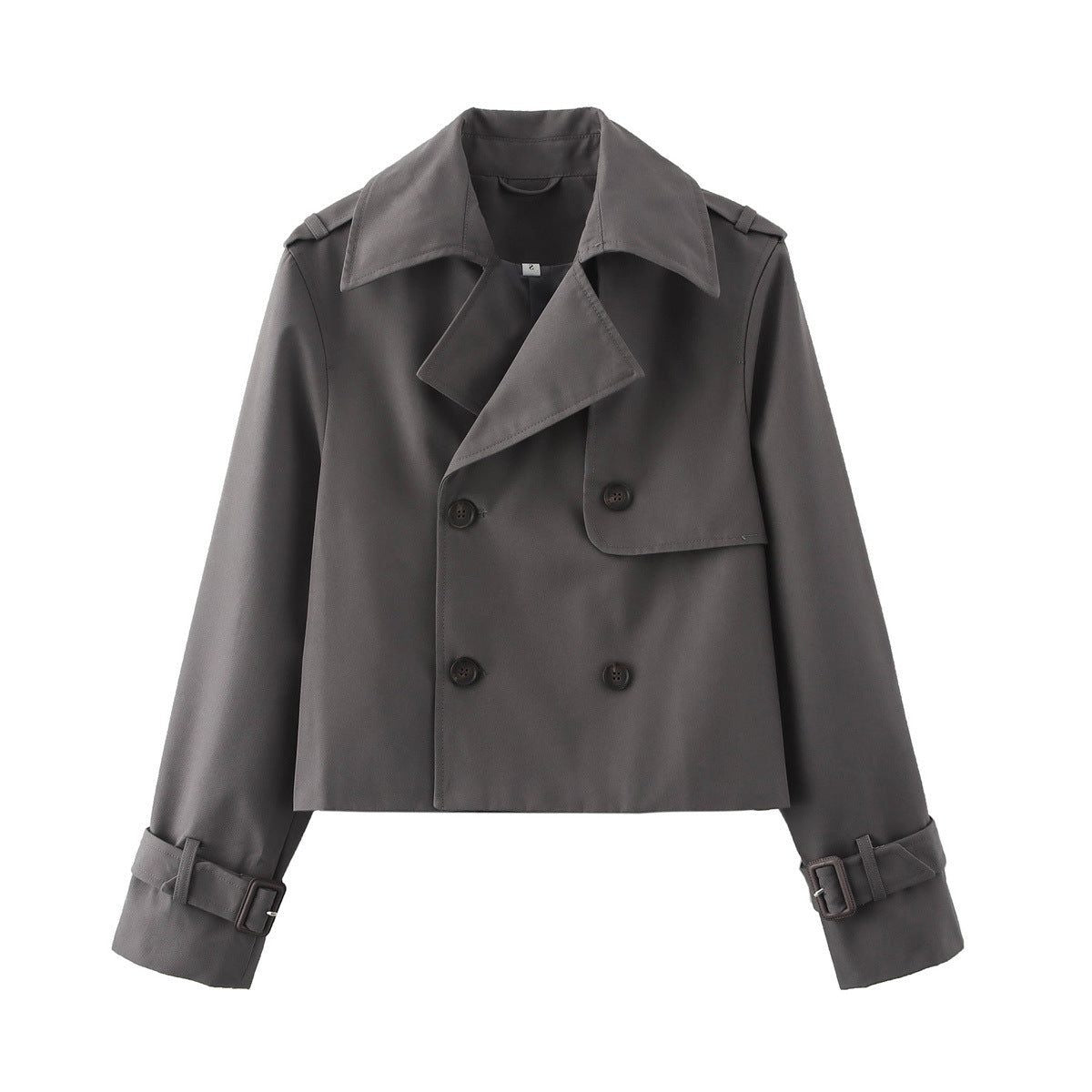Short Double-Breasted Trench Jacket with Notch Lapels - Charcoal