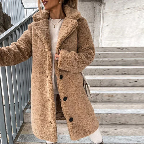 Button-Front Teddy Coat with Notched Collar - Khaki