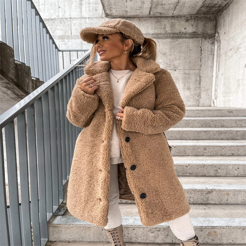 Button-Front Teddy Coat with Notched Collar - Khaki