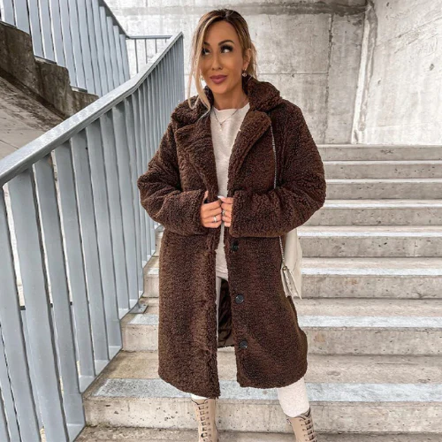 Button-Front Teddy Coat with Notched Collar - Coffee