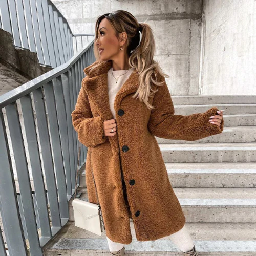 Button-Front Teddy Coat with Notched Collar - Brown