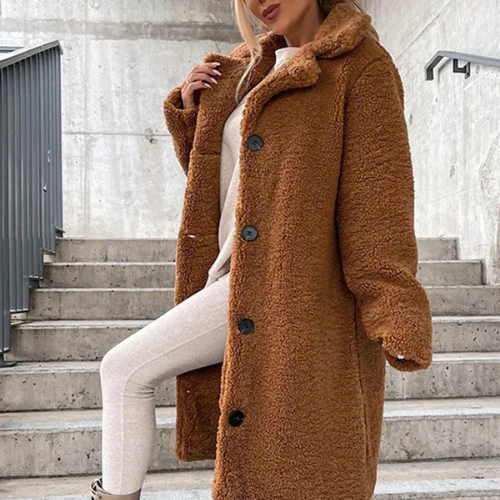Button-Front Teddy Coat with Notched Collar - Brown