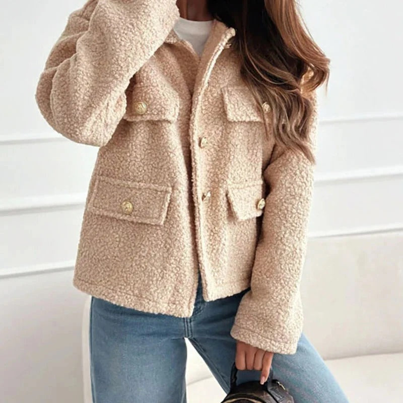 Short Teddy Jacket with Flap Pockets - Beige