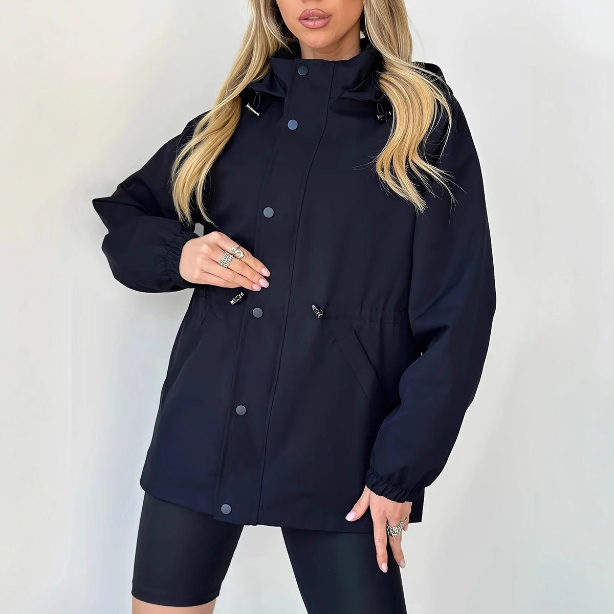 Oversized Hooded Rain Jacket with Button Front - Navy