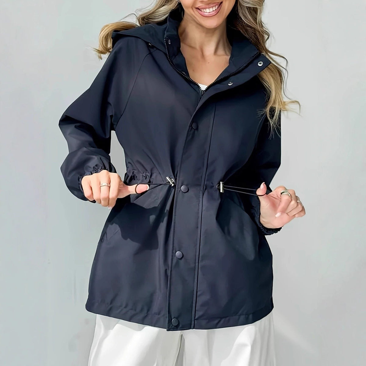 Oversized Hooded Rain Jacket with Button Front - Navy