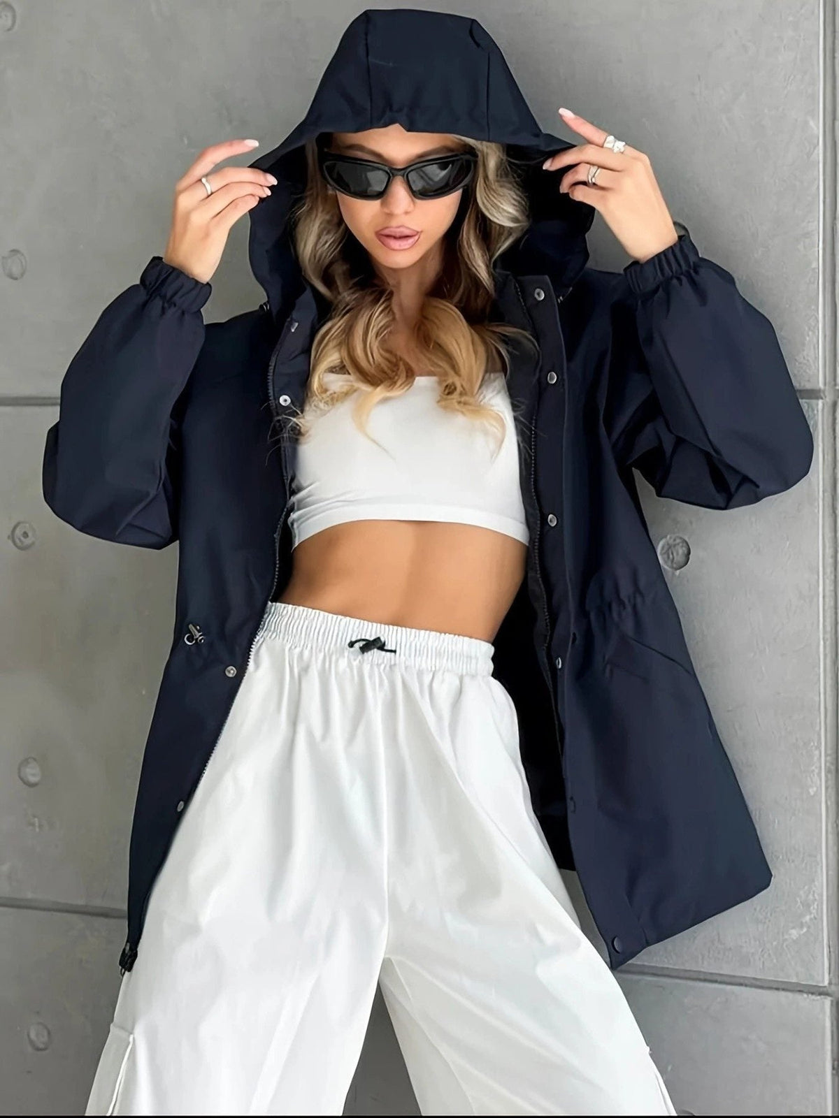 Oversized Hooded Rain Jacket with Button Front - Navy