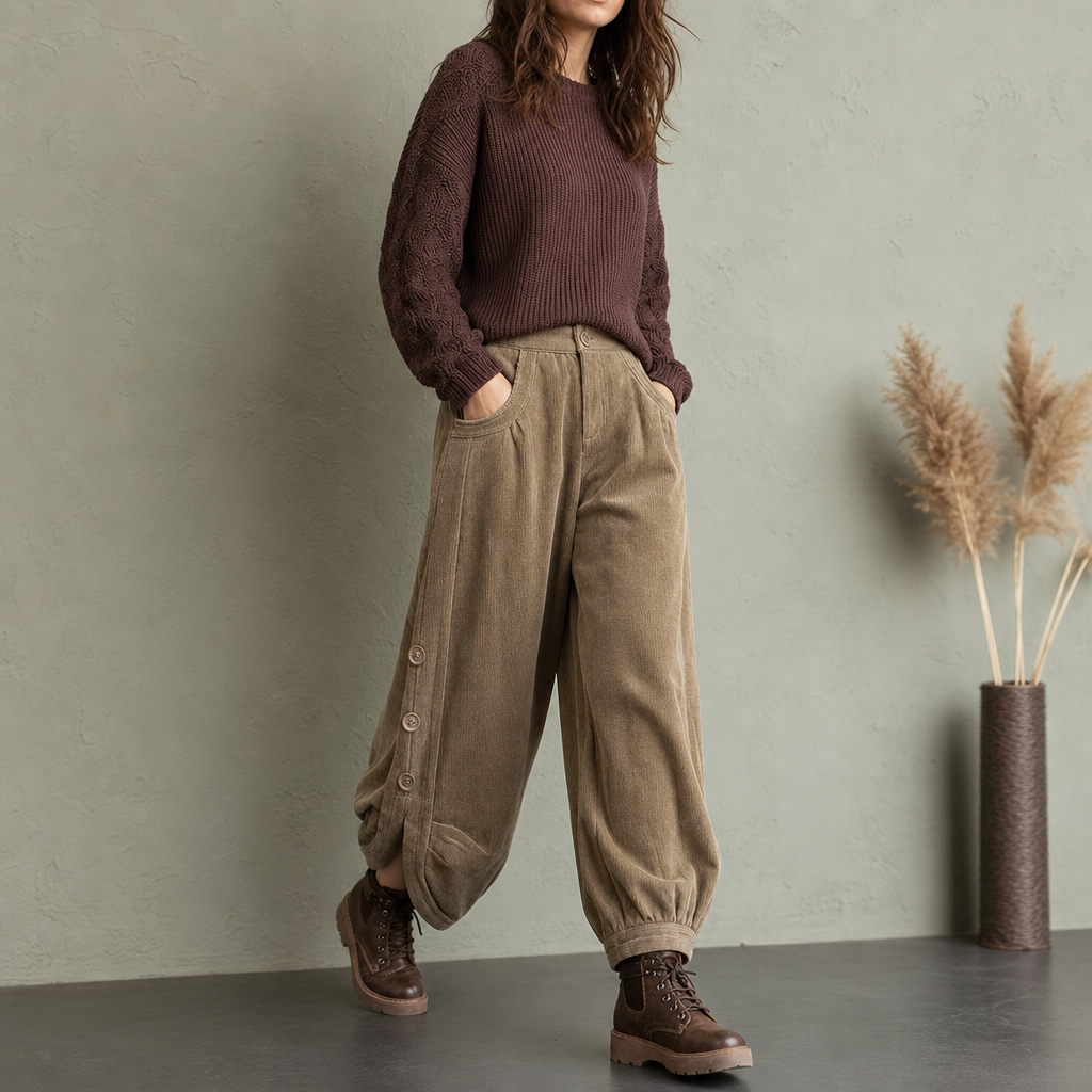 Cordhose mit Ballonbein und Zierknöpfen für Damen