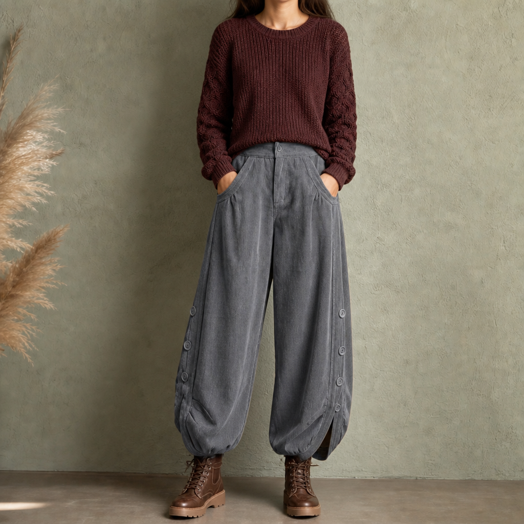 Cordhose mit Ballonbein und Zierknöpfen für Damen