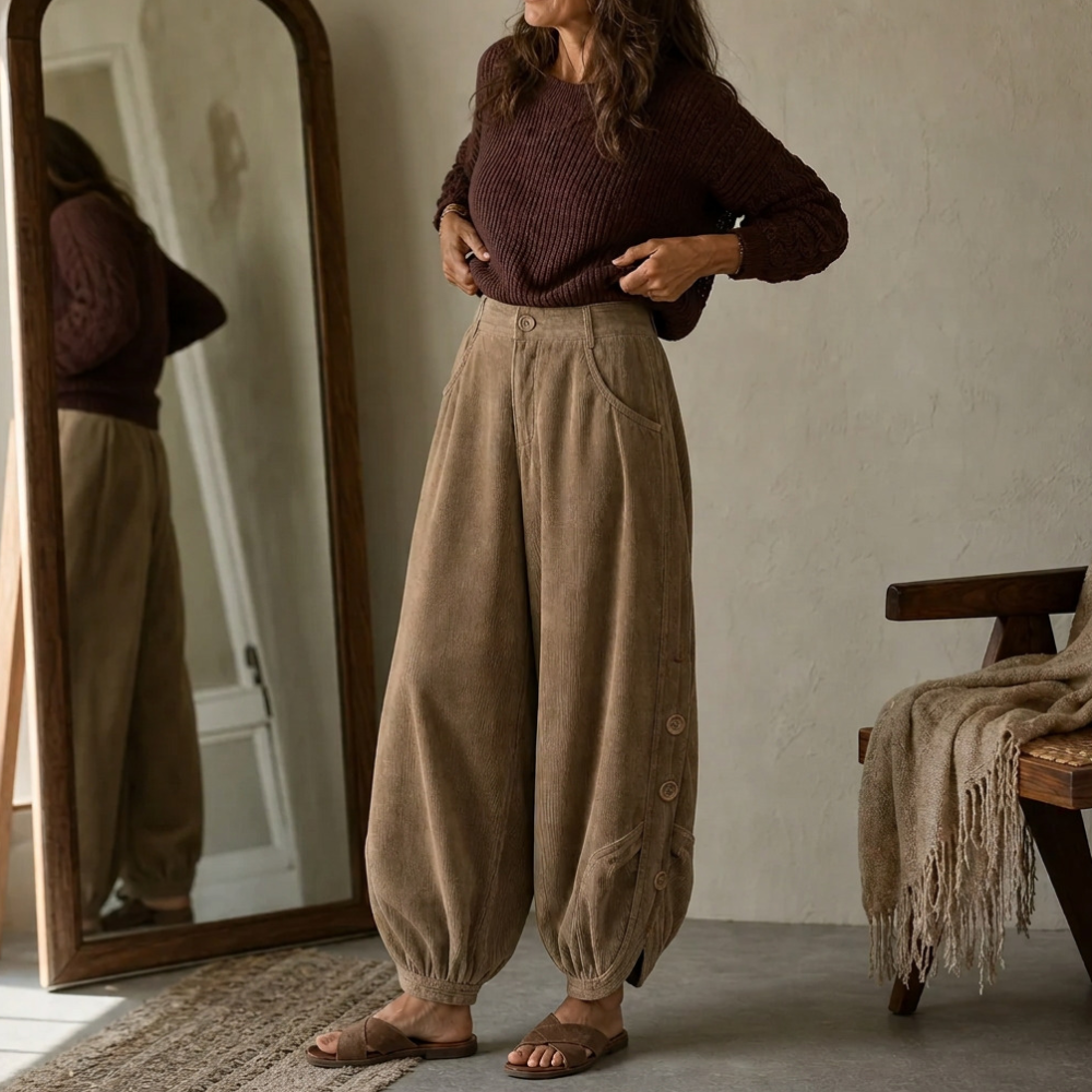 Cordhose mit Ballonbein und Zierknöpfen für Damen
