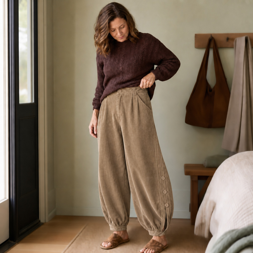Cordhose mit Ballonbein und Zierknöpfen für Damen
