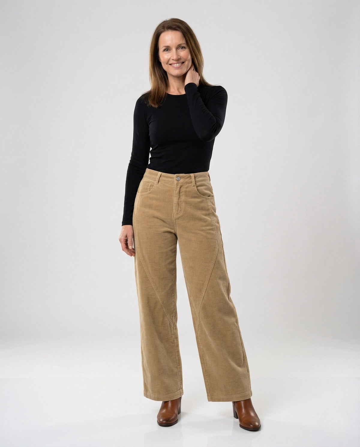 Cordhose mit weitem Bein und hohem Bund für Damen