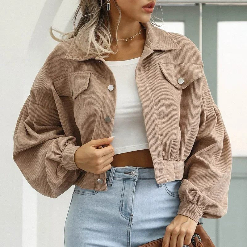Cordjacke mit Kurzschnitt und Umlegekragen für Damen