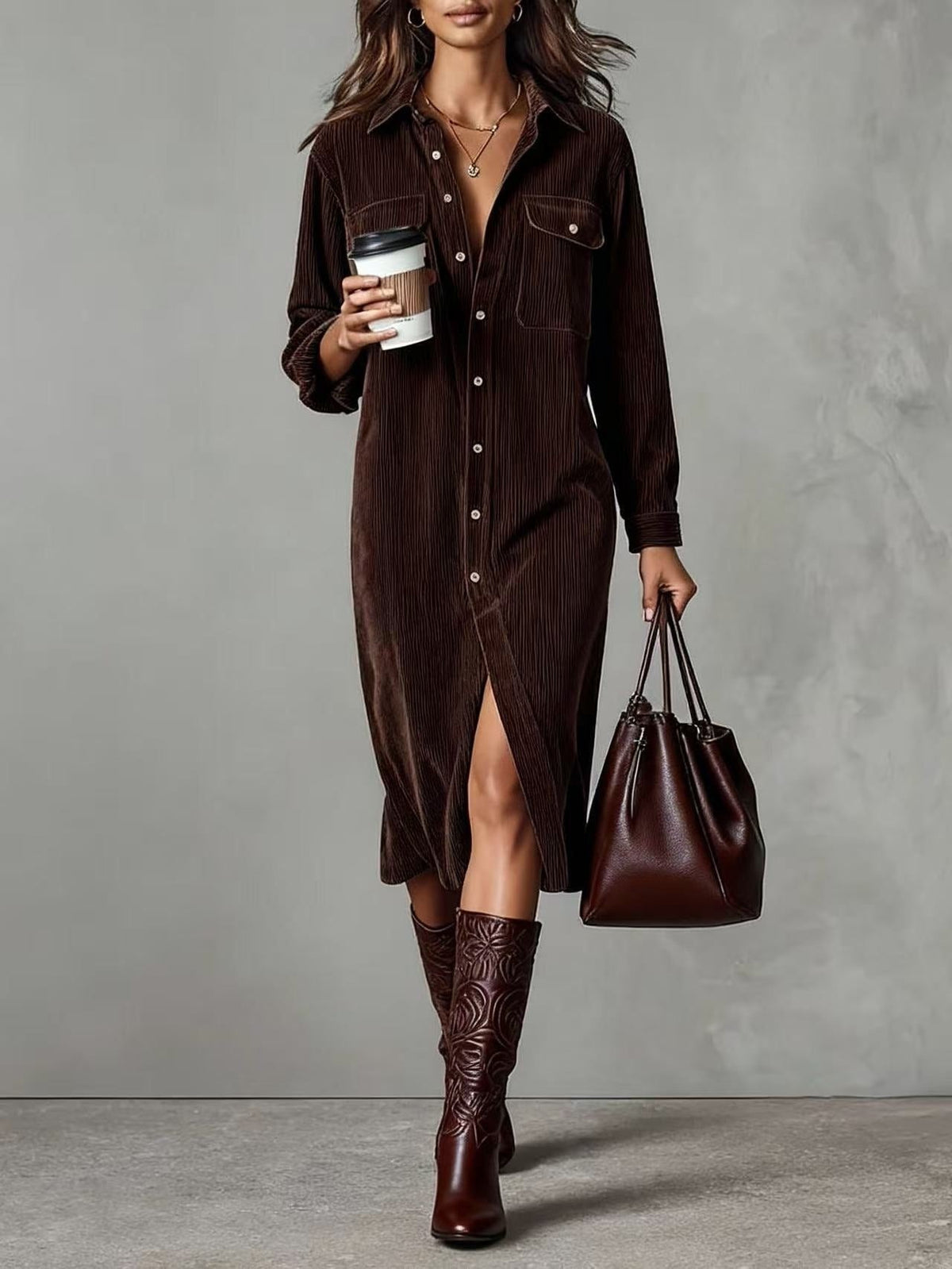 Cordkleid mit Knopfleiste und Midi-Länge für Damen