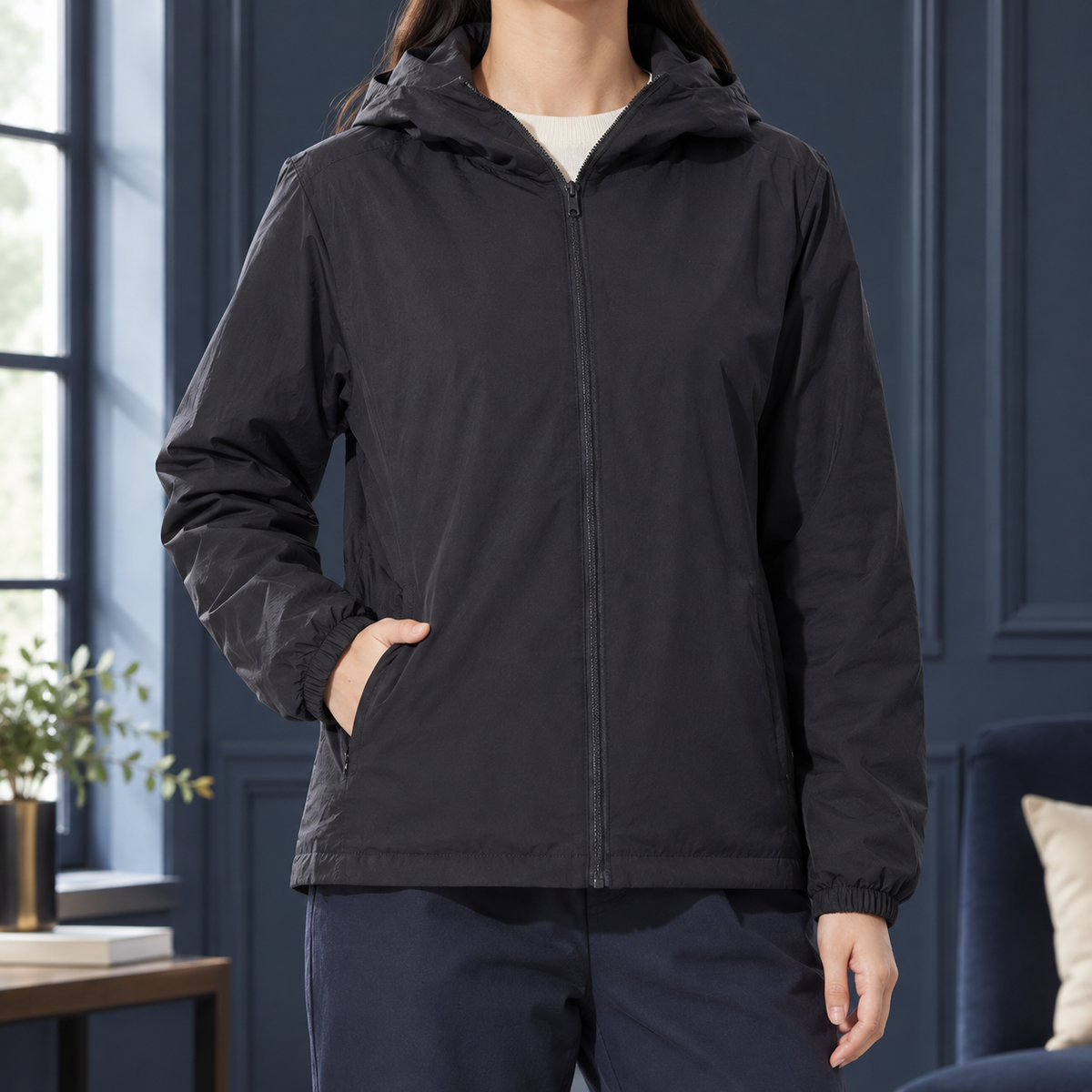 Daunenjacke mit Reißverschluss und Kapuze für Damen
