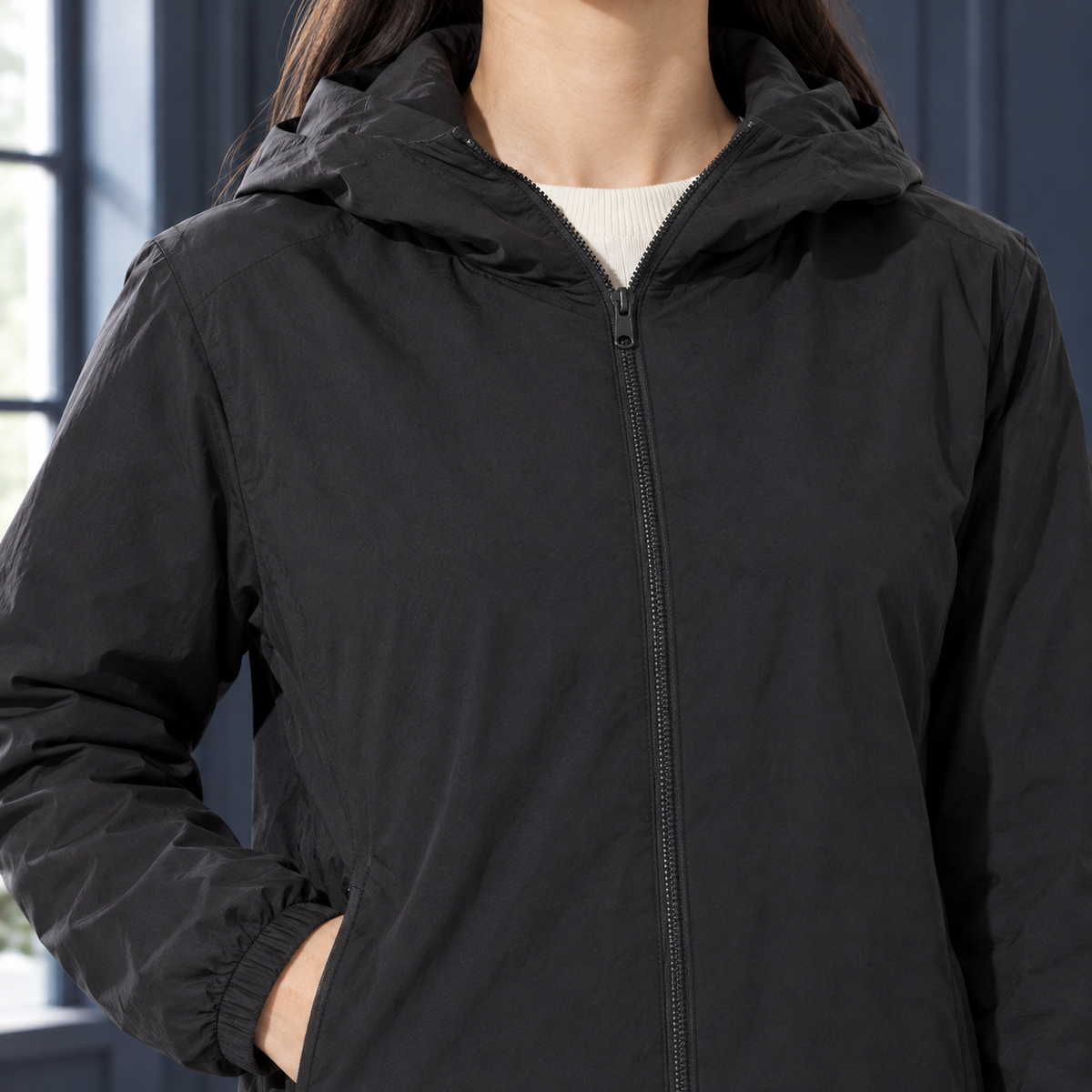 Daunenjacke mit Reißverschluss und Kapuze für Damen