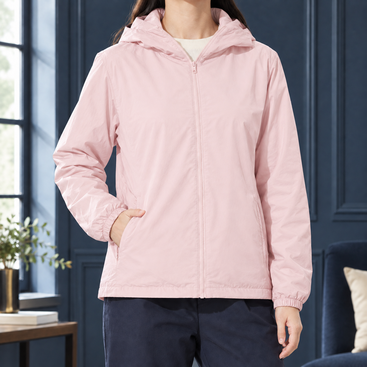 Daunenjacke mit Reißverschluss und Kapuze für Damen