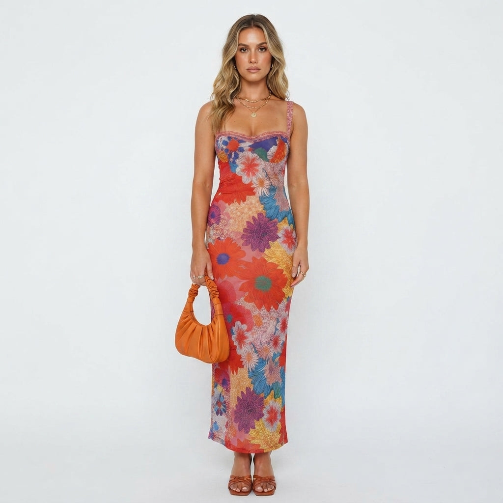 Dress with Bold Floral Print and Straight Midi Hem - Flower Print
