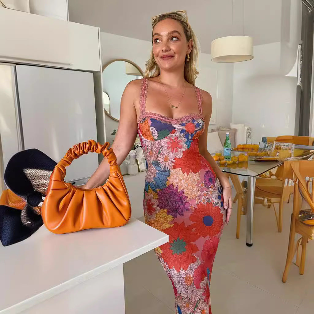 Dress with Bold Floral Print and Straight Midi Hem