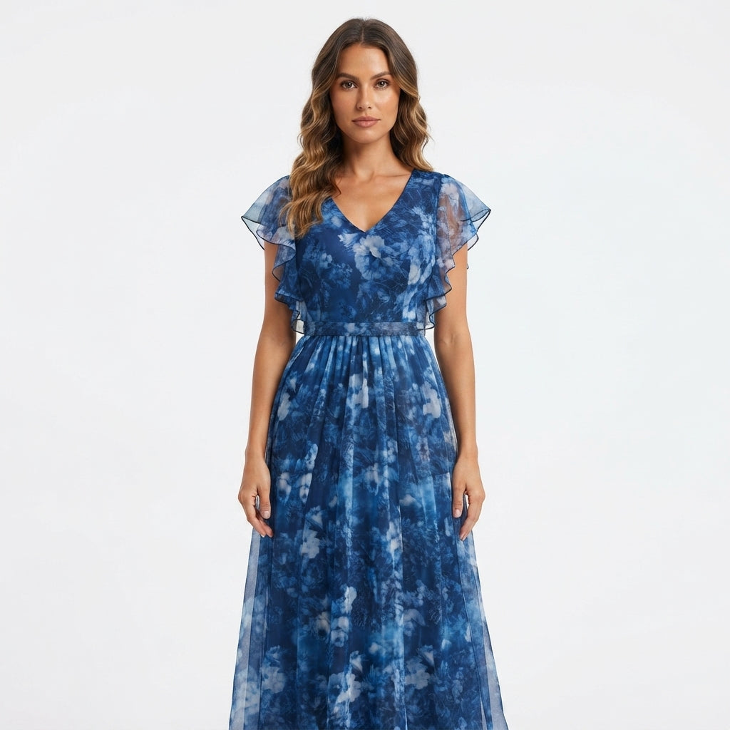 Dress with Floral Overlay and Flutter Sleeve Detail - Blue