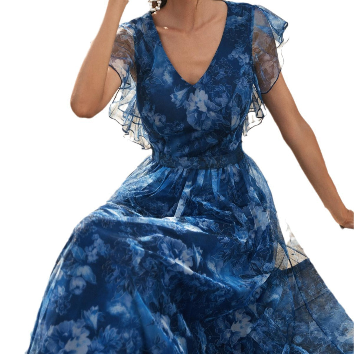 Dress with Floral Overlay and Flutter Sleeve Detail