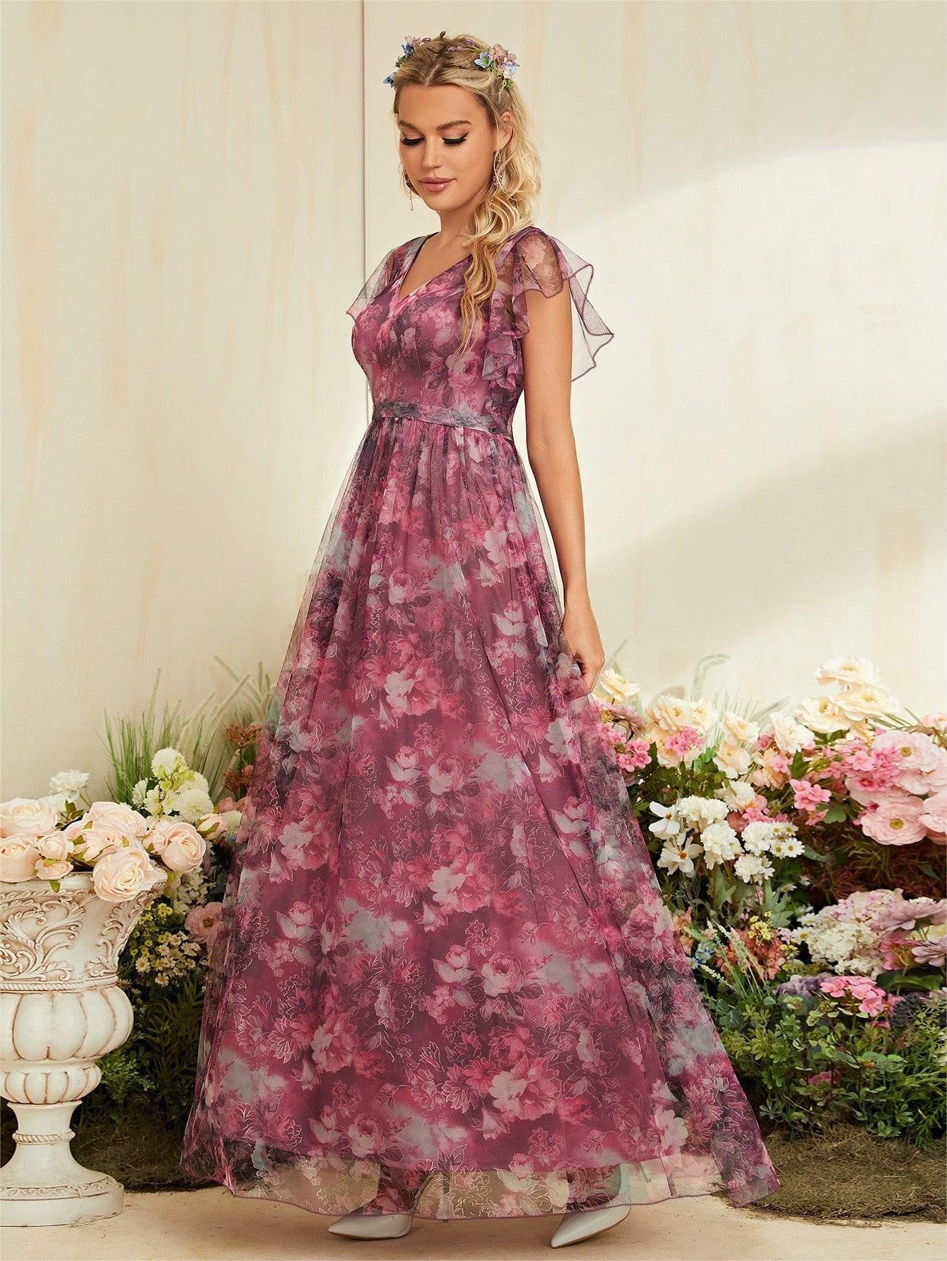Dress with Floral Overlay and Flutter Sleeve Detail - Multicolor