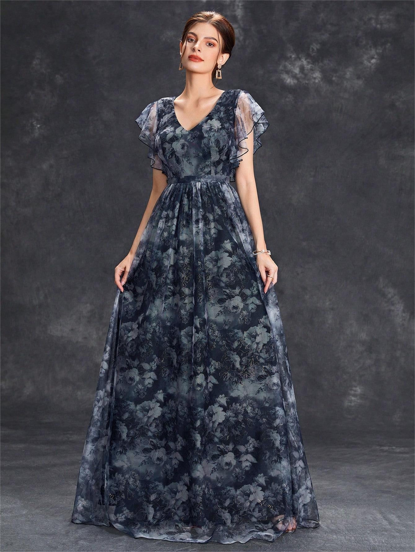 Dress with Floral Overlay and Flutter Sleeve Detail - Black