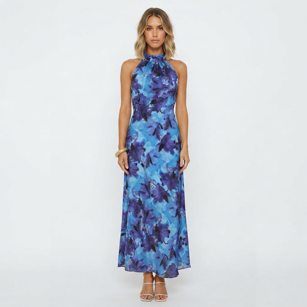 Dress with Floral Print and High Halter Neckline - Blue