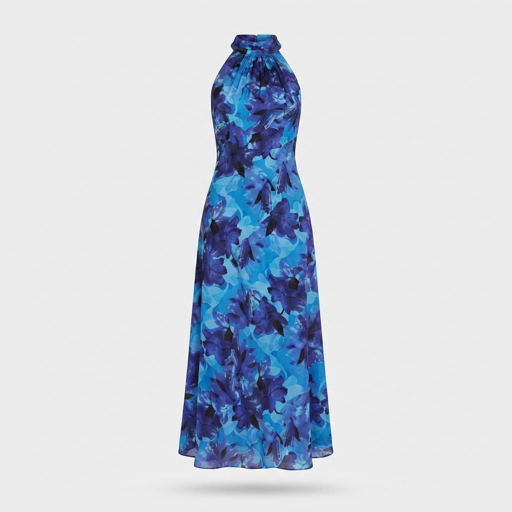 Dress with Floral Print and High Halter Neckline