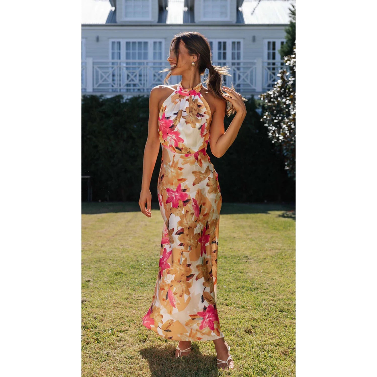 Dress with Floral Print and High Halter Neckline - Rose Red