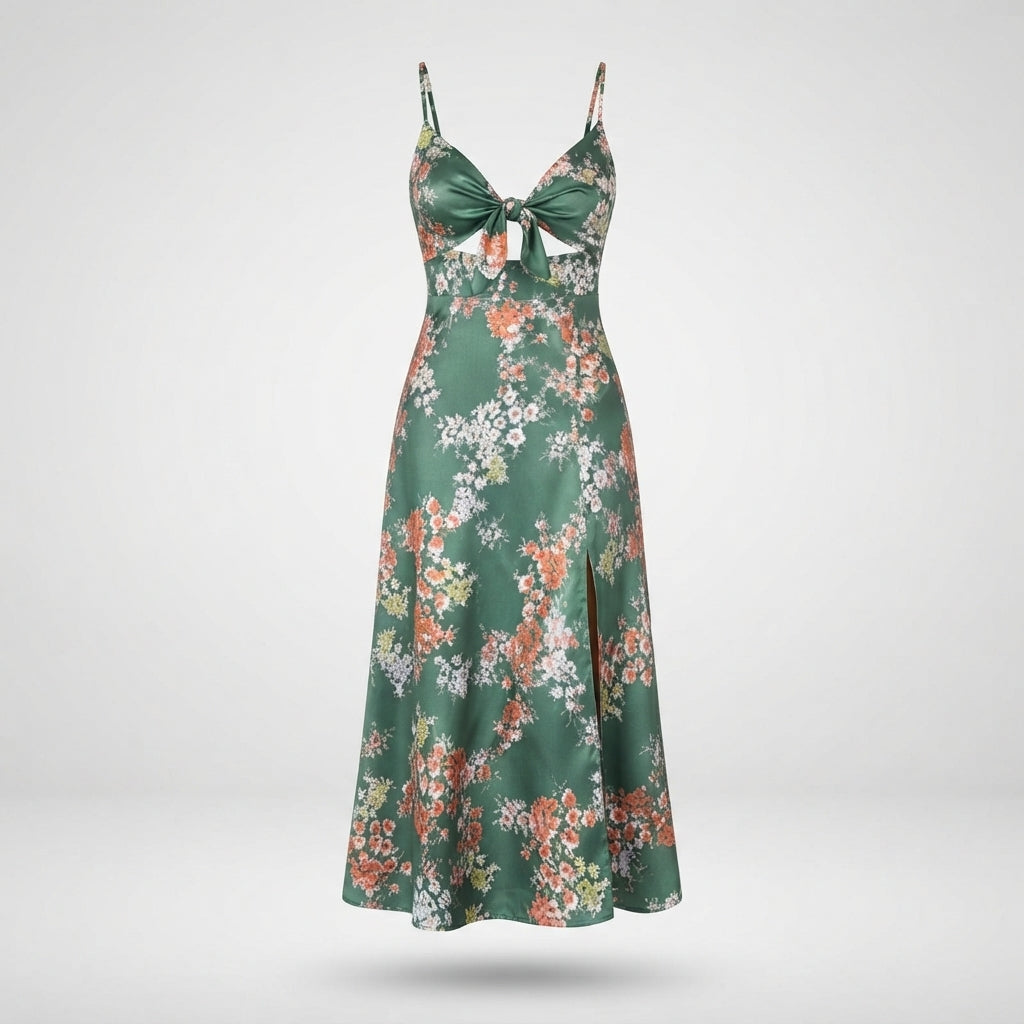 Dress with Floral Print, Gathered Bodice and Side Slit