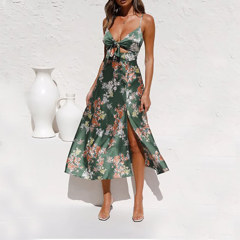 Dress with Floral Print, Gathered Bodice and Side Slit
