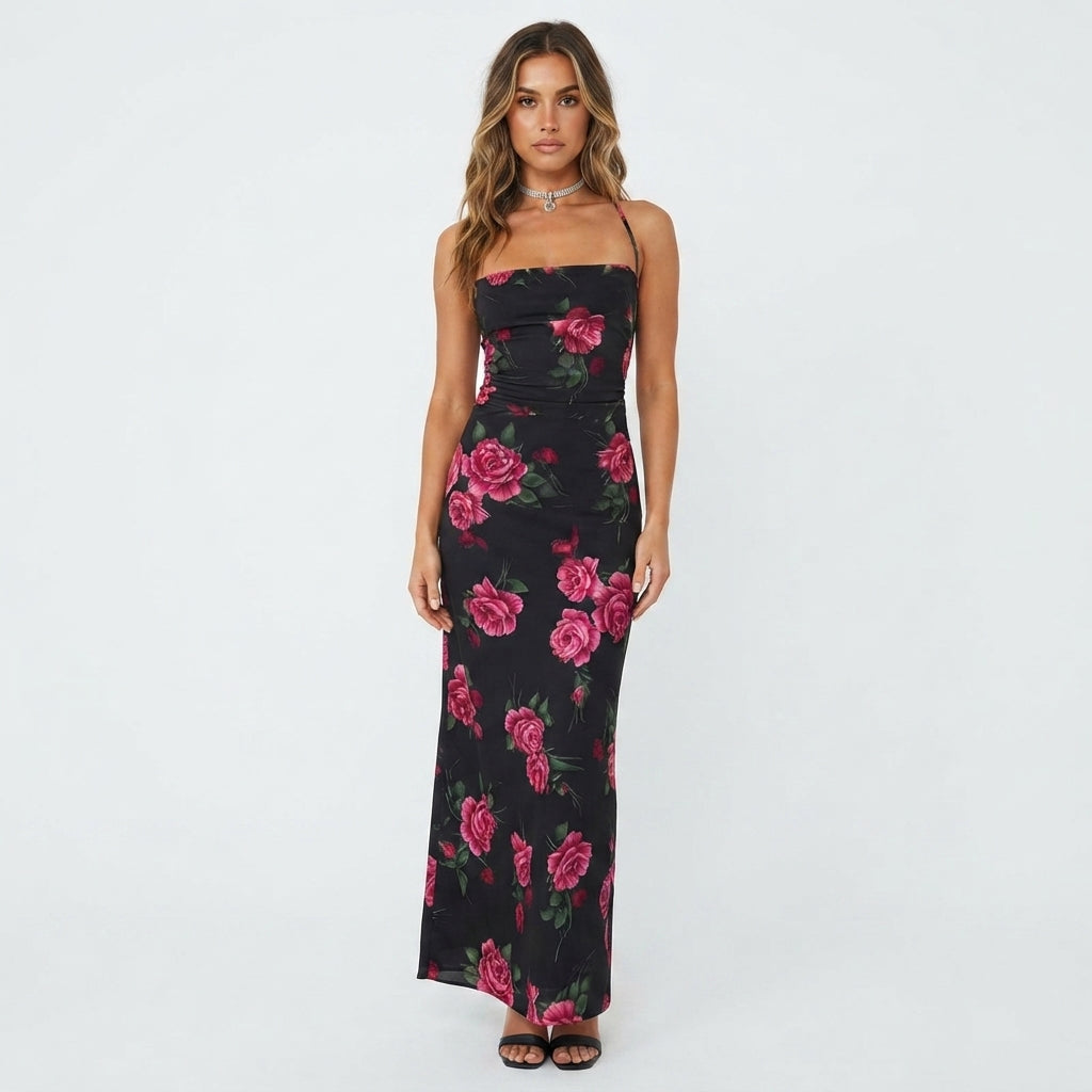 Dress with Rose Print and Straight Strapless Neckline - Black