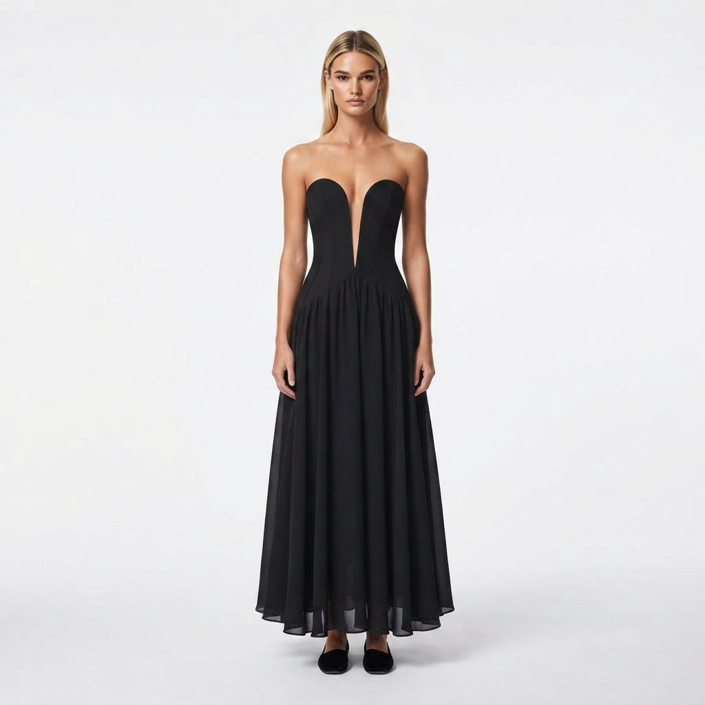 Dress with Strapless Deep Notch Bodice and Long Skirt - Black