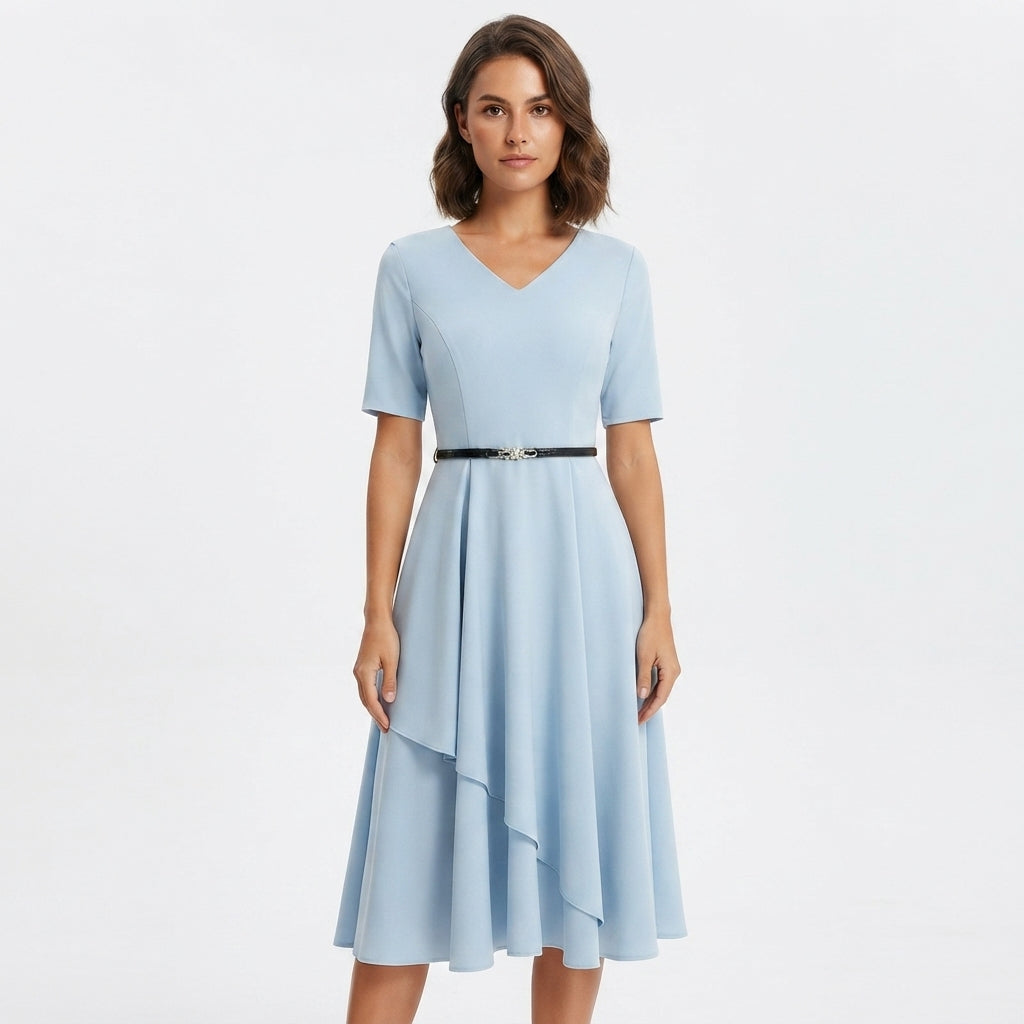Dress with V-Neck, Short Sleeves and Belted Midi Skirt - Sky Blue A