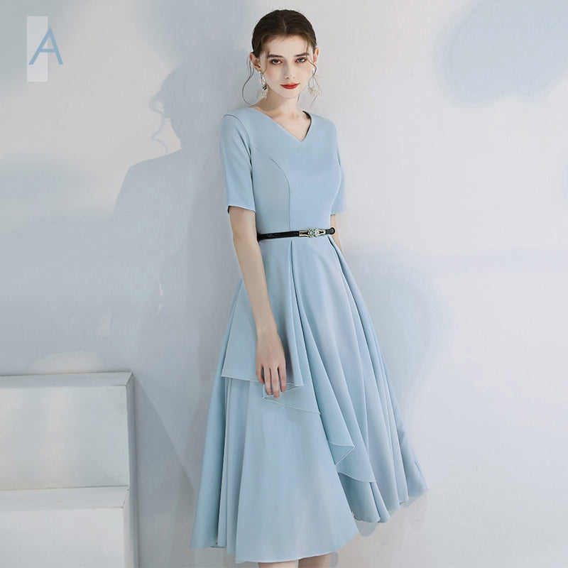 Dress with V-Neck, Short Sleeves and Belted Midi Skirt