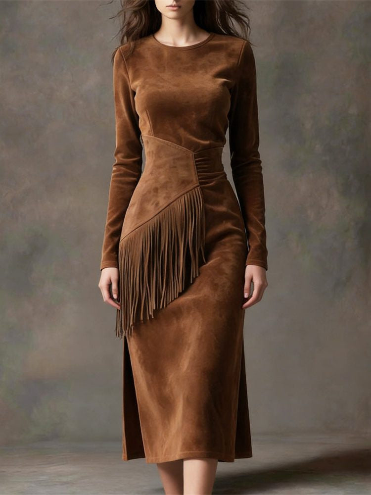 Suede-Look Boat-Neck Midi Dress with Fringe Waist - Brown
