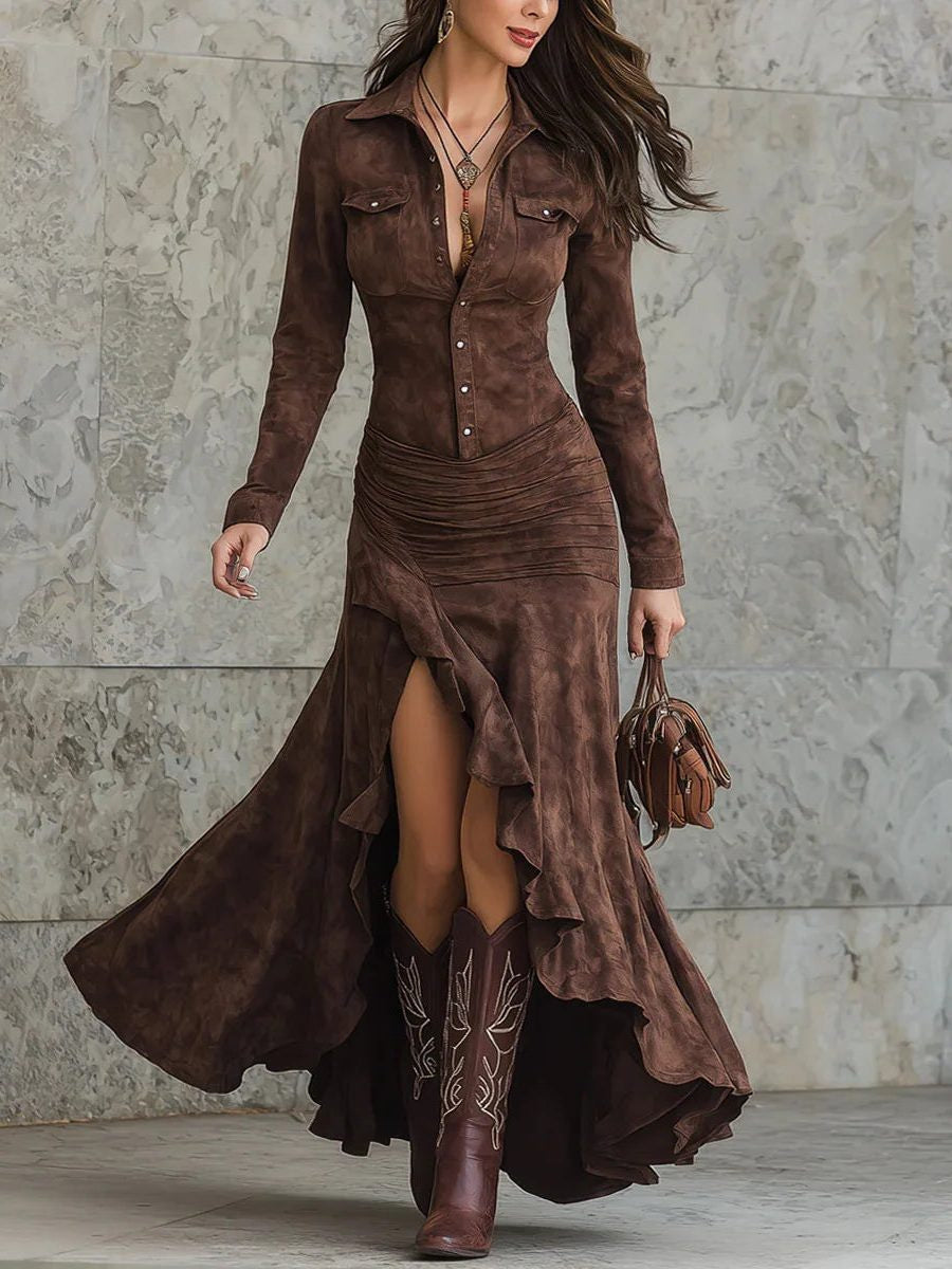Suede-Look Button-Front Maxi Dress with Tiered Hem - Dark Brown