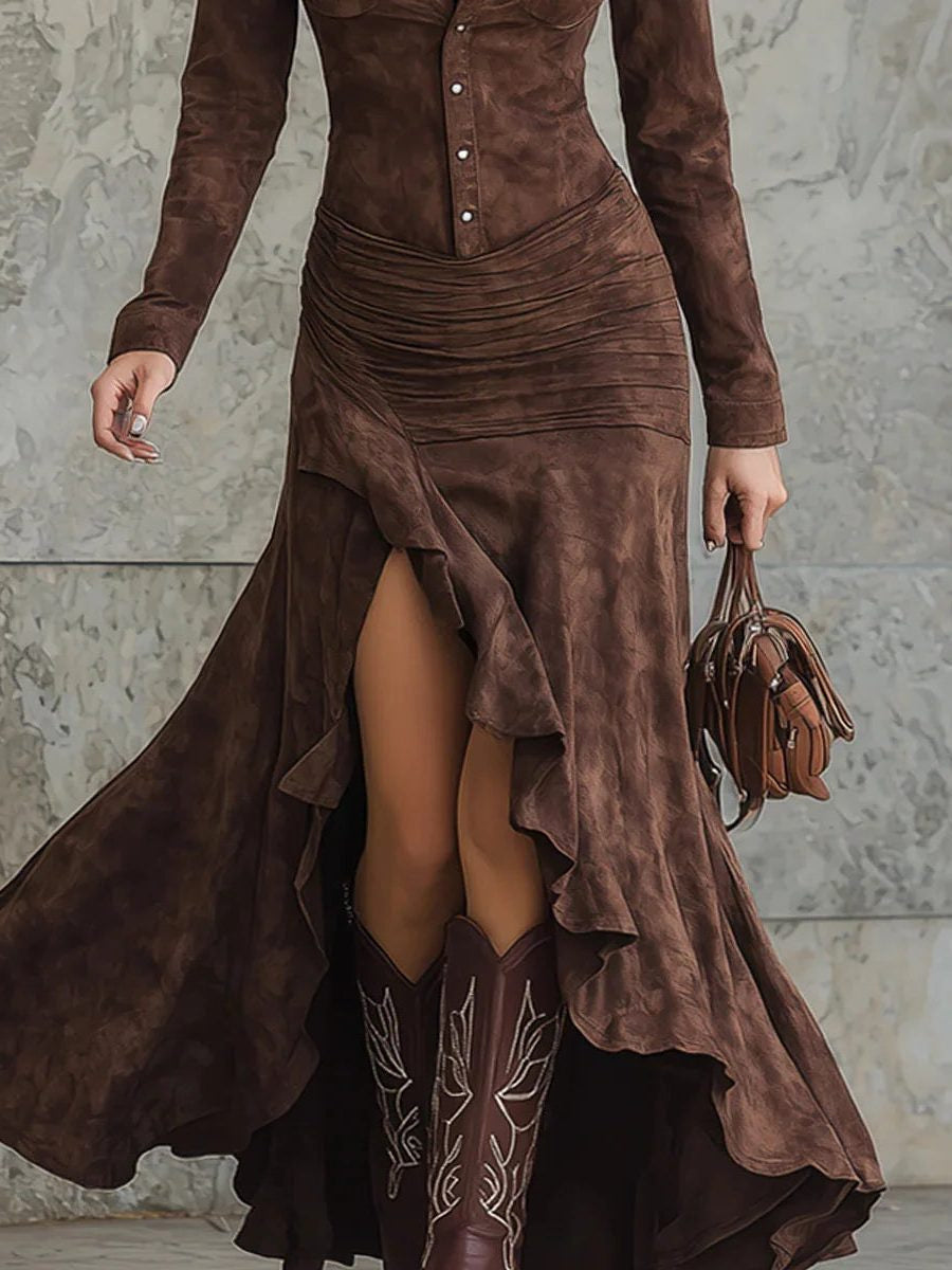 Suede-Look Button-Front Maxi Dress with Tiered Hem - Dark Brown