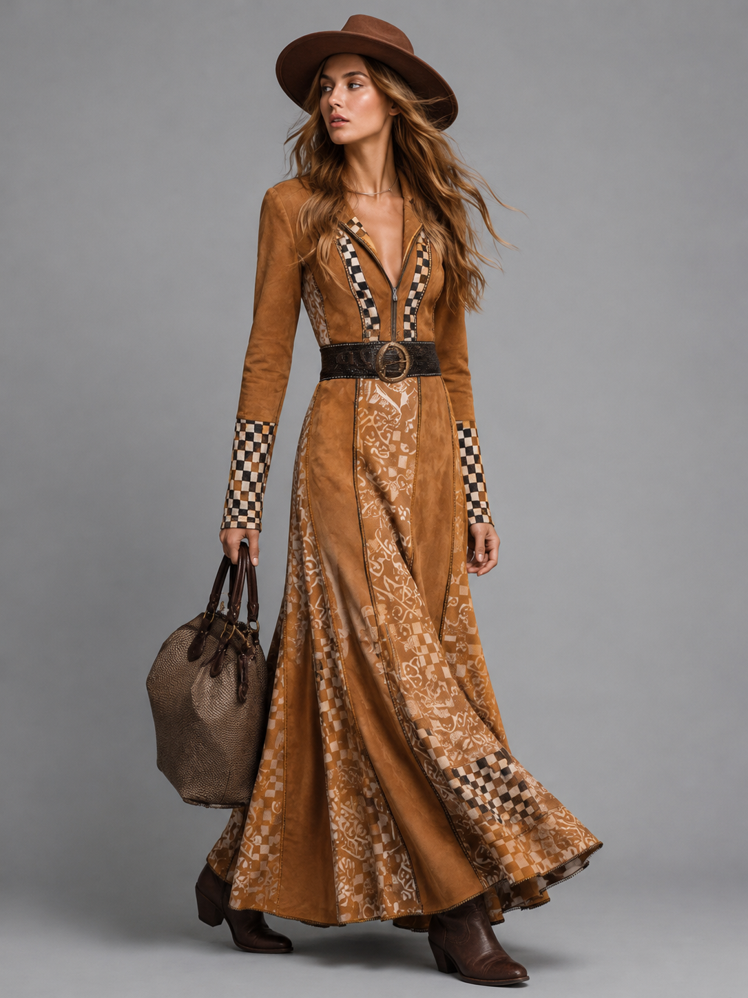 Suede-Look Wrap Maxi Dress with Check Trim - Camel