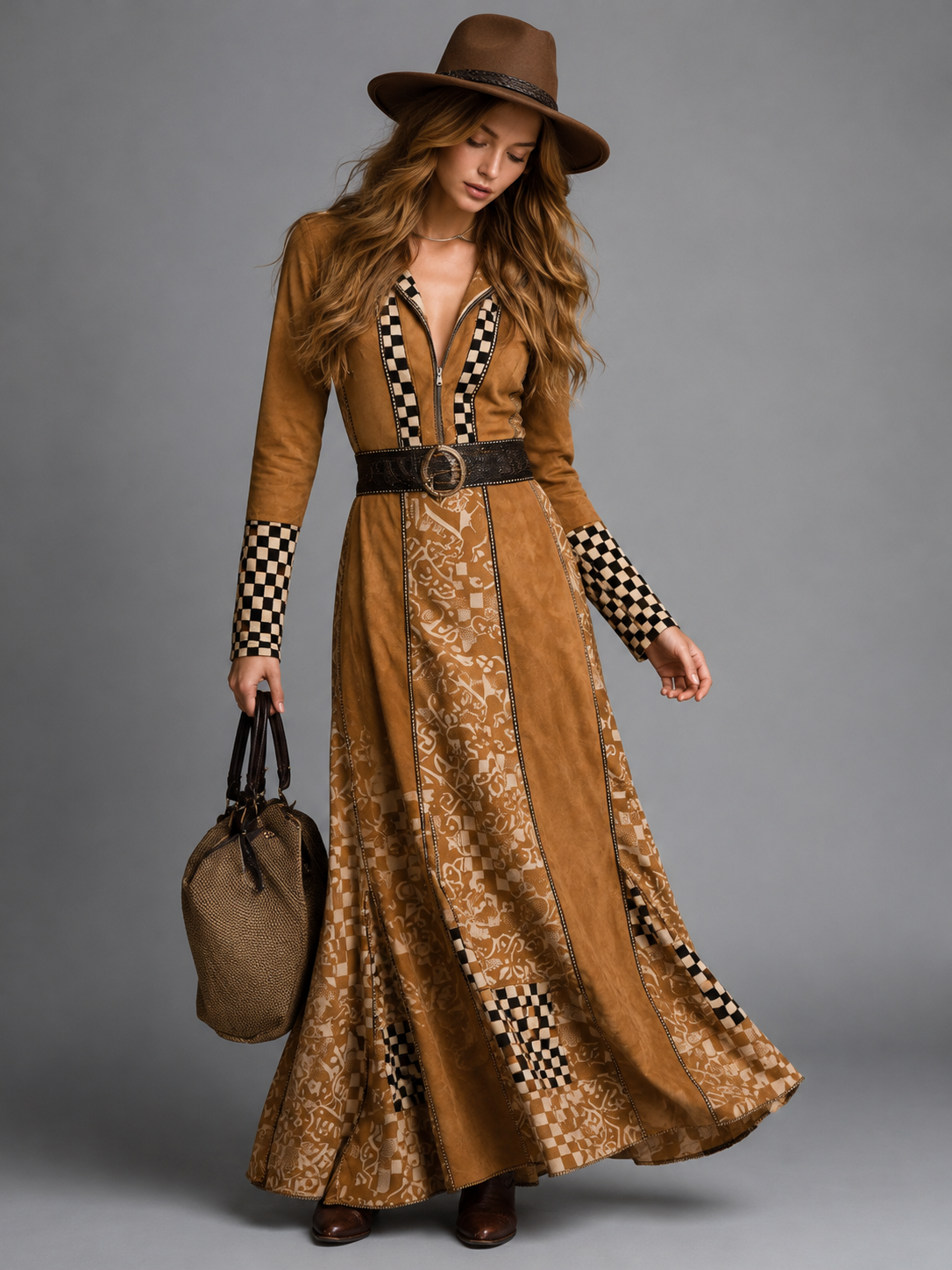 Suede-Look Wrap Maxi Dress with Check Trim - Camel
