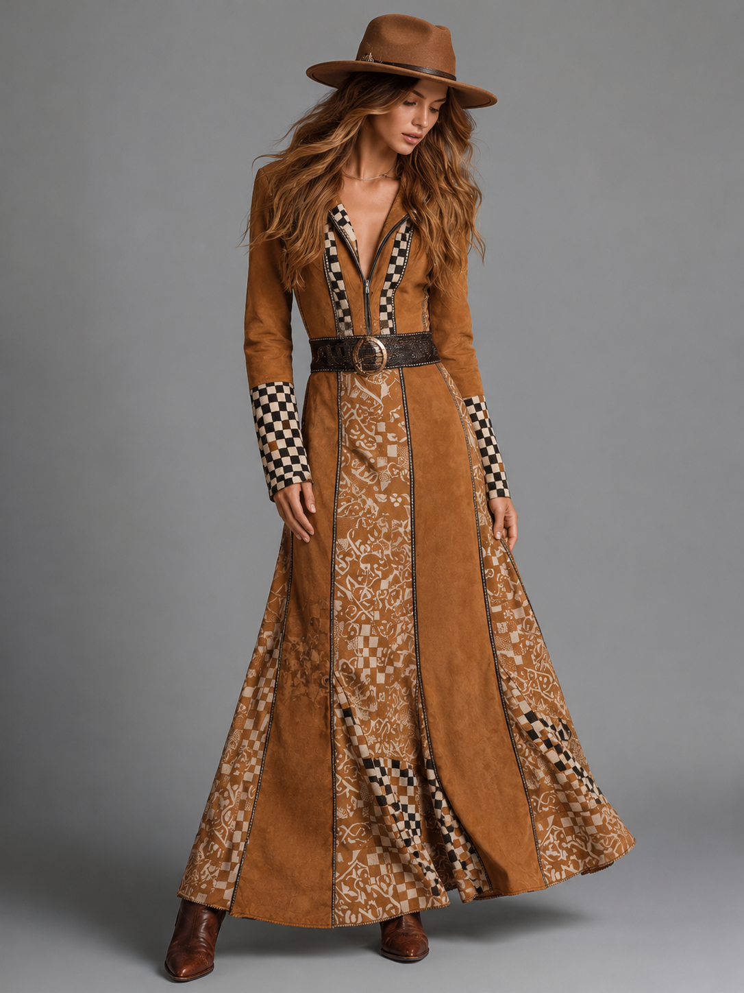 Suede-Look Wrap Maxi Dress with Check Trim - Camel