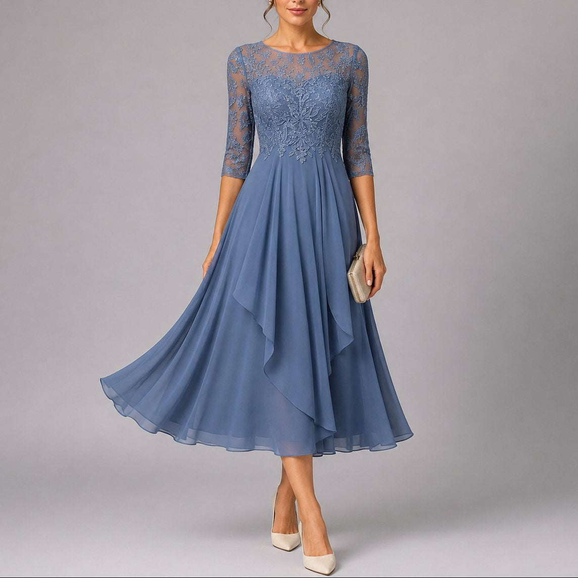 Floral Lace Midi Dress with Three-Quarter Sleeves - Blue