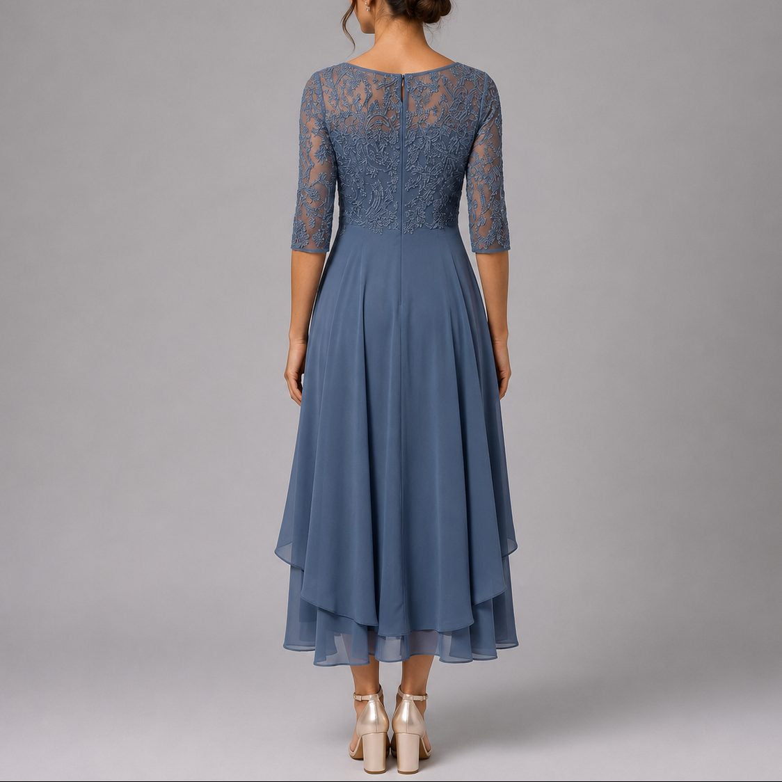 Floral Lace Midi Dress with Three-Quarter Sleeves - Blue