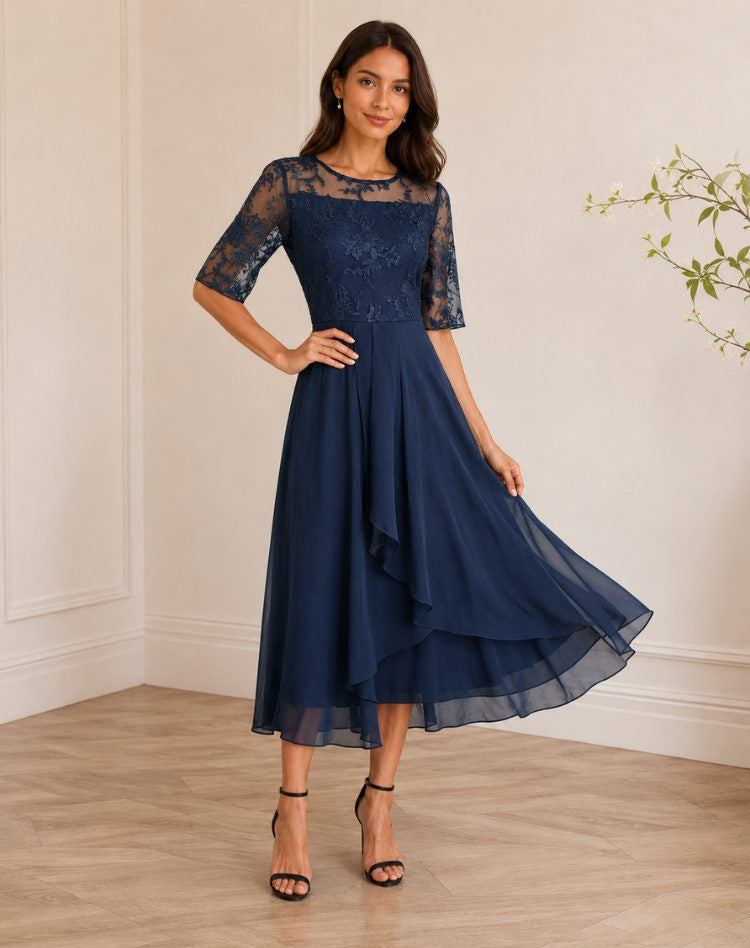 Lace-Bodice Midi Dress with Tiered Skirt - Dark Blue