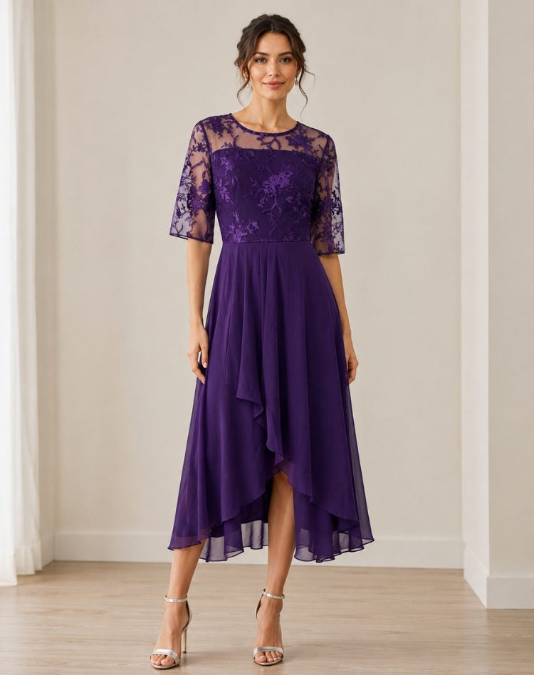 Lace-Bodice Midi Dress with Tiered Skirt - Purple