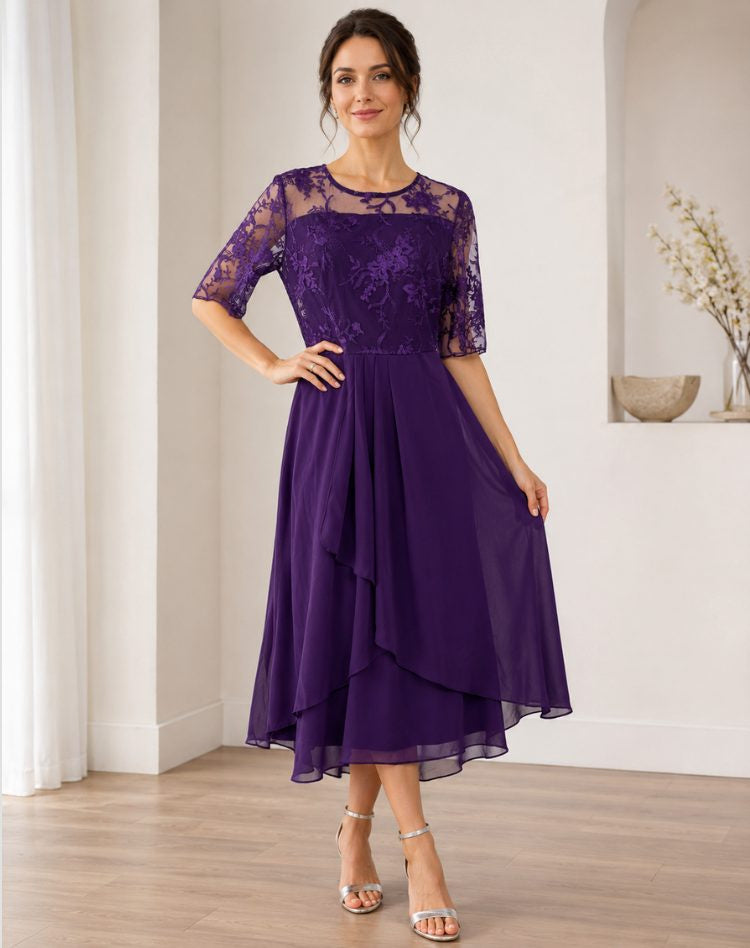 Lace-Bodice Midi Dress with Tiered Skirt - Purple