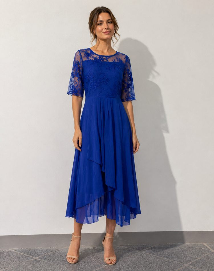 Lace-Bodice Midi Dress with Tiered Skirt - Blue