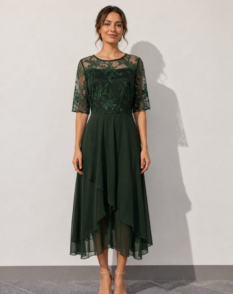 Lace-Bodice Midi Dress with Tiered Skirt - Green