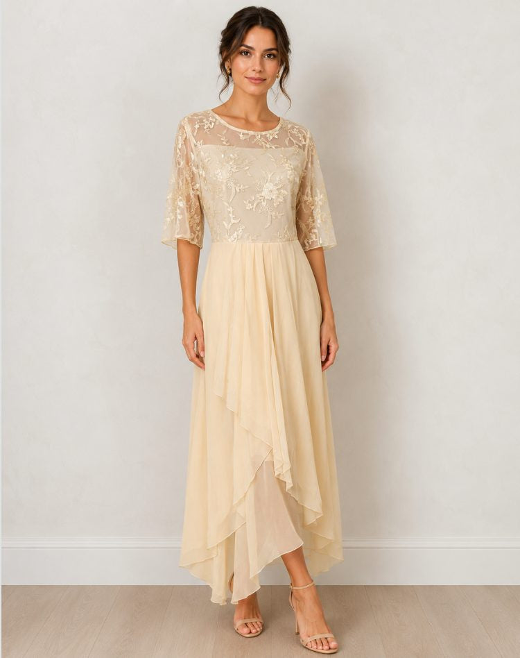 Lace-Bodice Midi Dress with Tiered Skirt - Beige